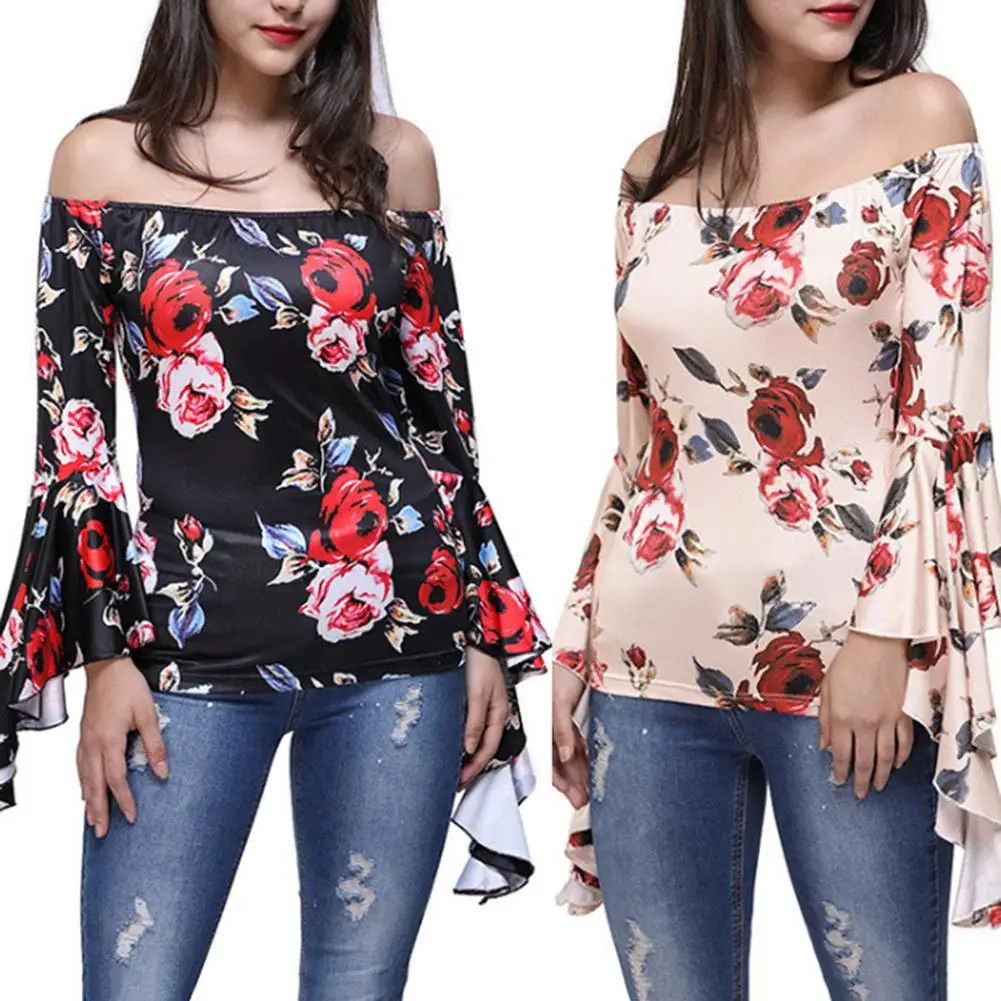 Sexy Women Long Flared Sleeve Strap Off Shoulder Floral Print Slim Sweater Top Womens Clothesing 2020 New | Женская одежда