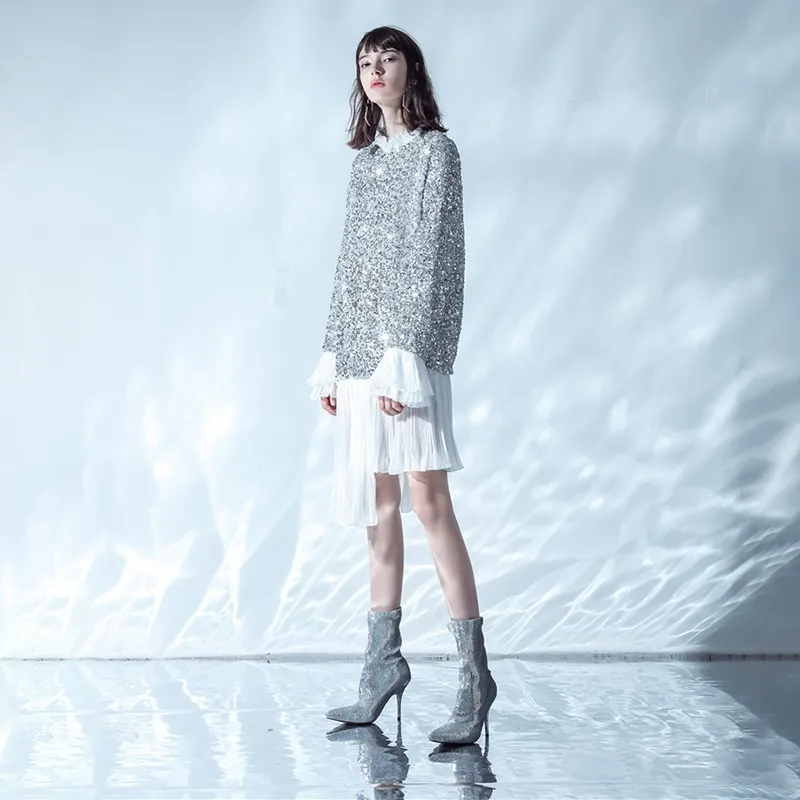 Женский пуловер с блестками TWOTWINSTYLE весенний оборками и длинными рукавами