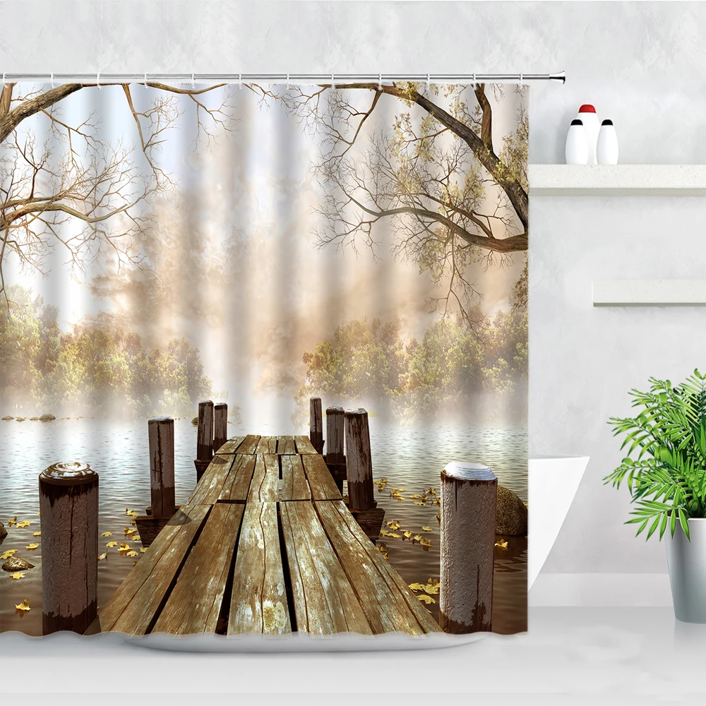 

Waterproof Shower Curtains Wooden Bridge Mist Forest River Trees Natural Scenery Printed Bathroom Decor Screen Bath Curtain Sets