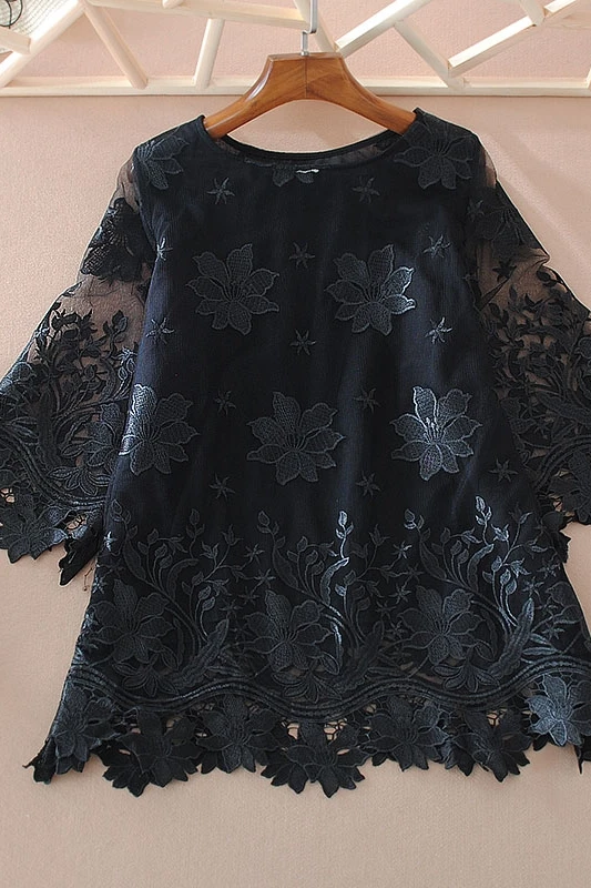 

VANOVICH 2021 New Summer Lace Women Blouses and Tops Solid Color Embroidered Ladies Blouses and Tops Round Collar Women Clothing