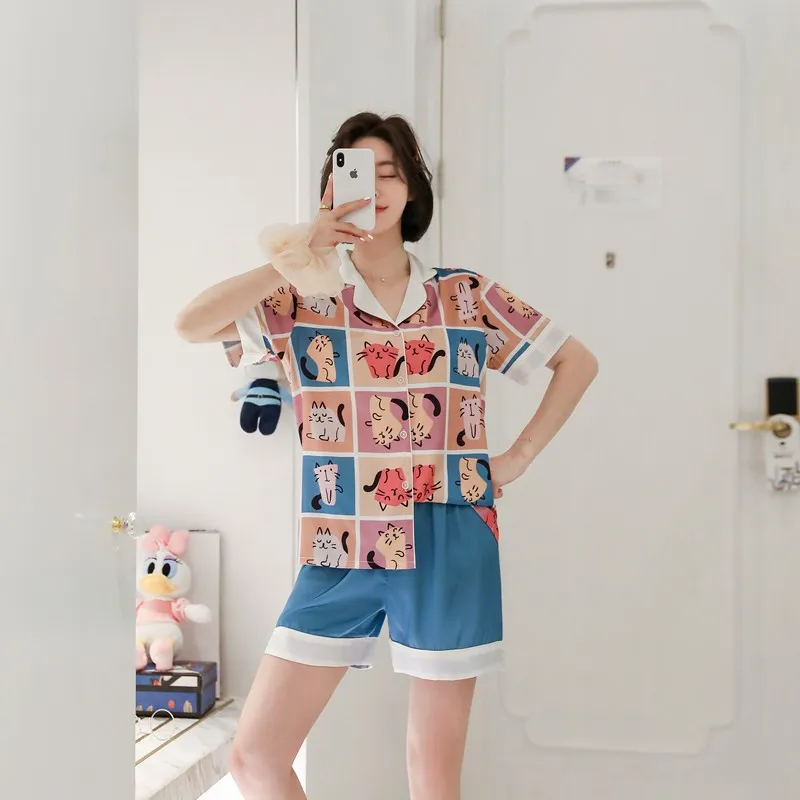 

Print Cartoon Women Pajamas Set 2PCS Shirt&shorts Summer Short Sleeve Pijamas Suit Casual Loose Sleepwear Satin Home Clothes