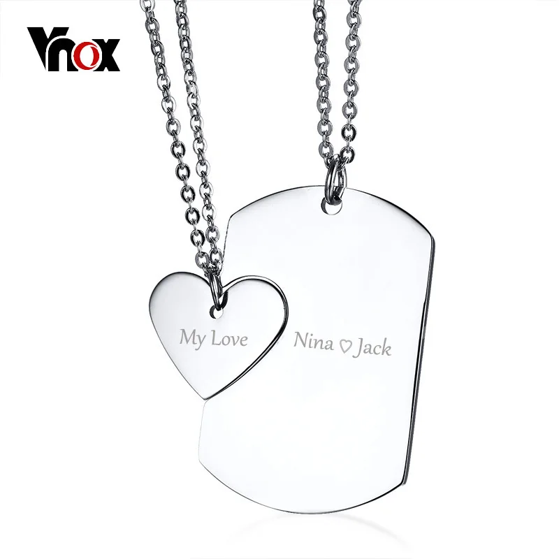 

Vnox Free Engrave Couple Necklace ID Dog Tag Heart Pendant High Polished Stainless Steel Trendy Women Men Jewelry 20" Chain