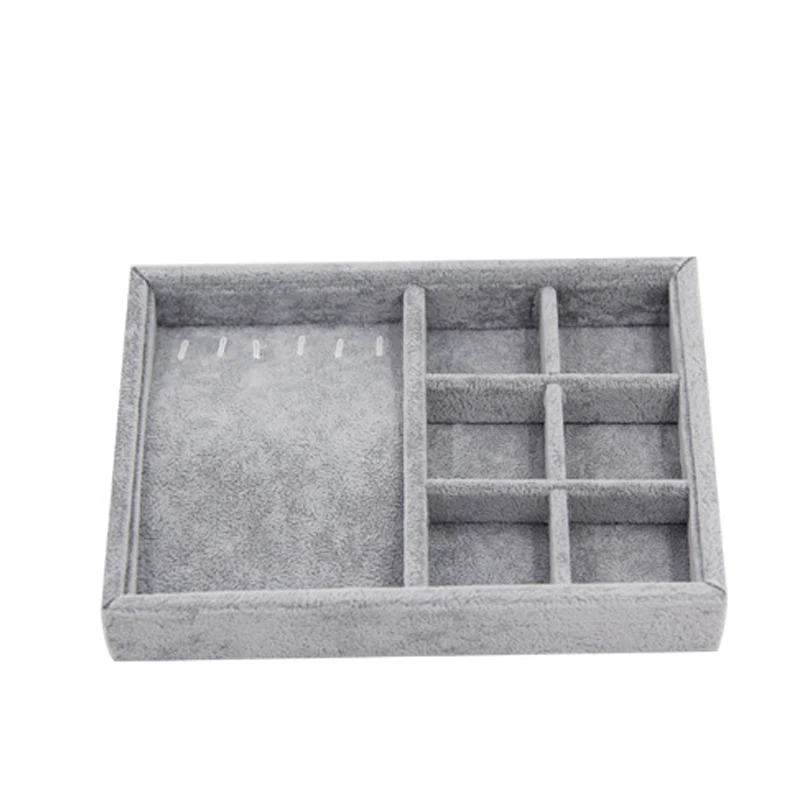 Ring Jewelry Display Tray Bracelet Chains Organizer Gray Soft Velvet Drawer Storage Case Pins Earrings Storing for Drawer Space