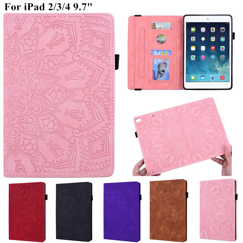 

3D Flower Embossed for iPad 2 3 4 A1395 A1396 A1458 Case Wallet PU Leather Shockproof Smart Cover for Funda iPad4 3 2 9.7 inch