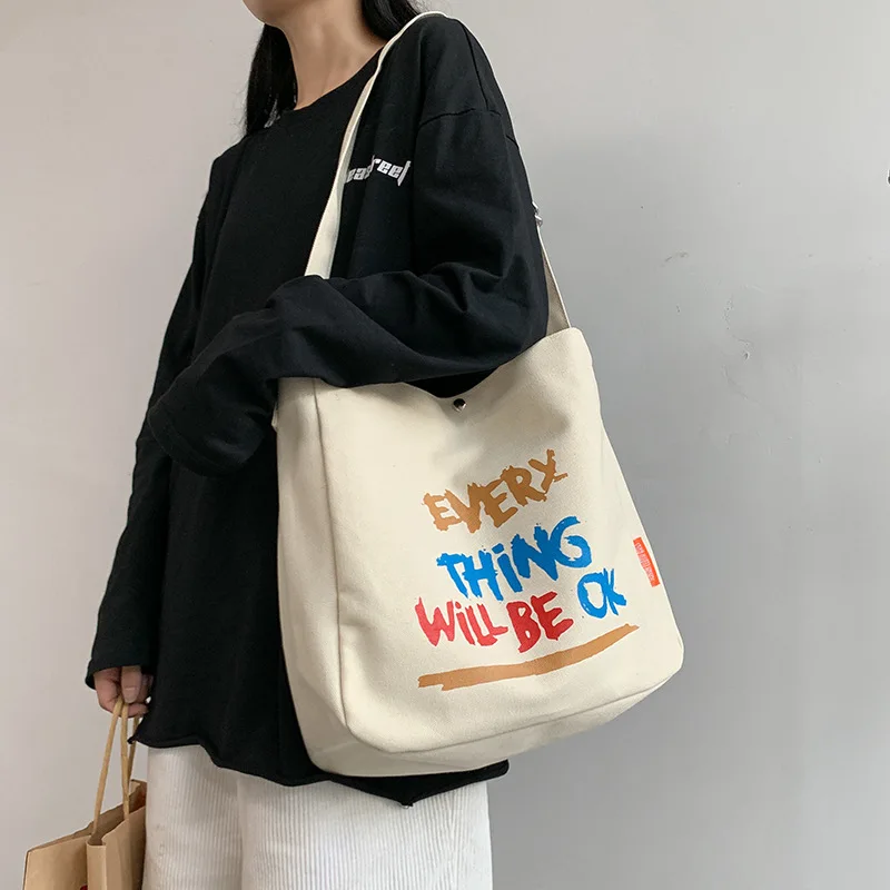 

Женская Холщовая Сумка-тоут с цветными буквами и принтом, Повседневная Хлопковая сумка на плечо, бежевая черная большая сумка для покупок, 2021, женская сумка 2021