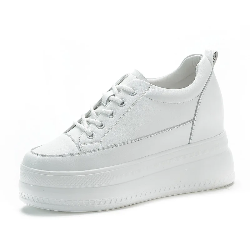 

Elegant White Creepers Chunky Platform Leather Shoes With Inner Wedge Heels Fashion Ladies Casual Sports Woman Sneakers C0009