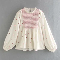 women peach heart printing splicing shirt casual loose smock female lantern sleeve blouse lady tops blusas s8282