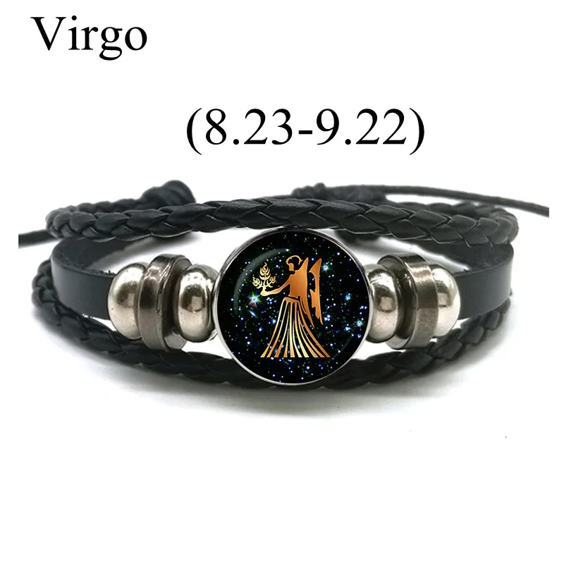 12 знаков зодиака кожаный браслет для мужчин женщин Virgo Libra Скорпион Овен, Телец браслеты из заплетенной кожи подарок на день рождения оптом