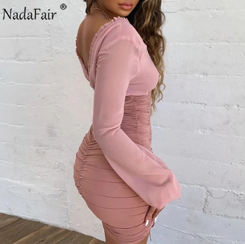 Женское Бандажное платье с рюшами Nadafair Сетчатое лоскутное длинными рукавами