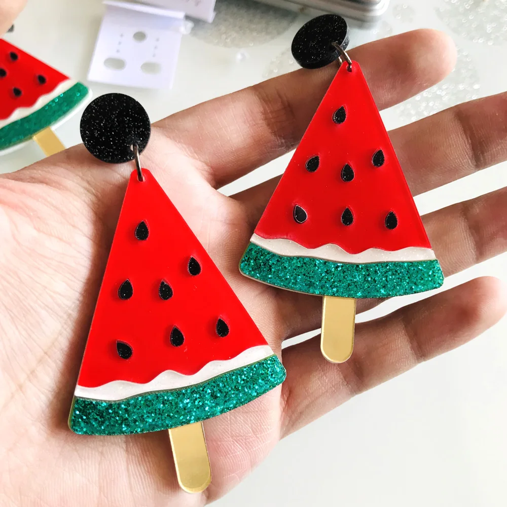 Лидер продаж милые акриловые висячие серьги с фруктами арбузом блестками пудрой