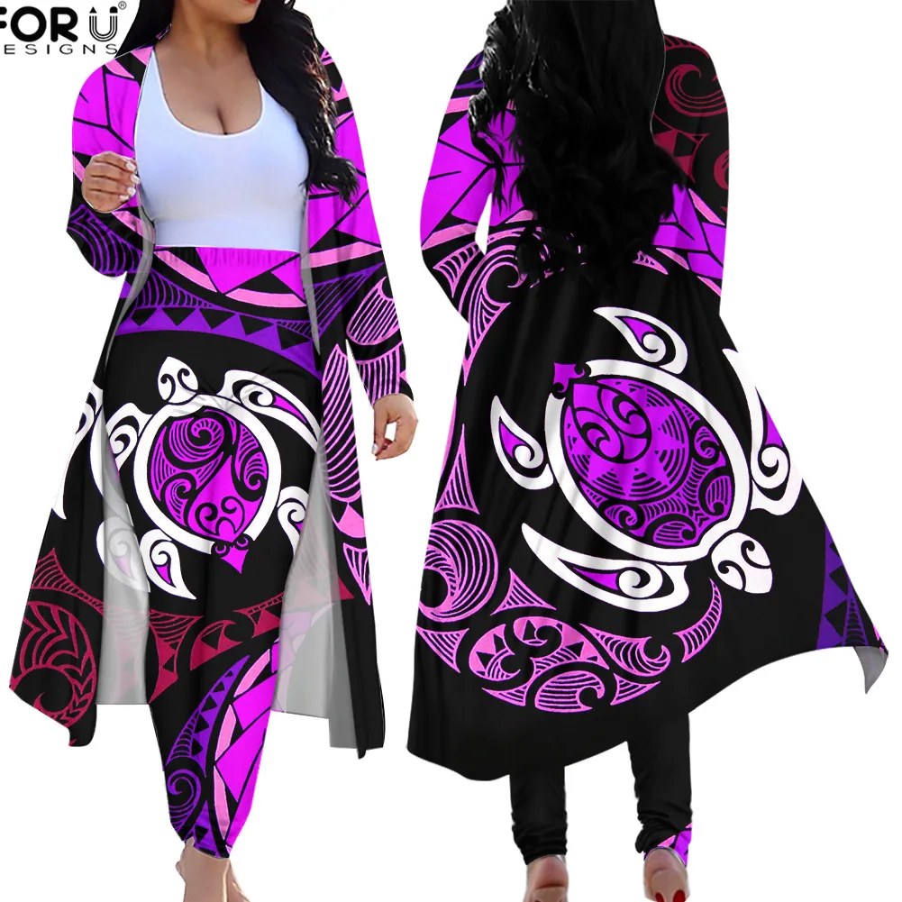 

FORUDESIGNS Ladies Long Pant Fashion Skinny Coat Two Pieces Suit Samoan Polynesian Turtle Pattern Women Casual Cardigan Outfit