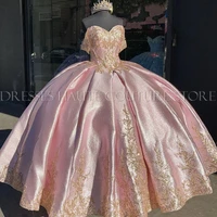 off the shoulder pink quinceanera dresses gold appliqued ball prom gowns sweet 16 dress vestidos de 15 a%c3%b1os