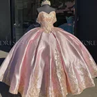 Женское бальное платье с открытыми плечами, розовое платье с золотой аппликацией для выпускного вечера, 16 лет, 15 лет