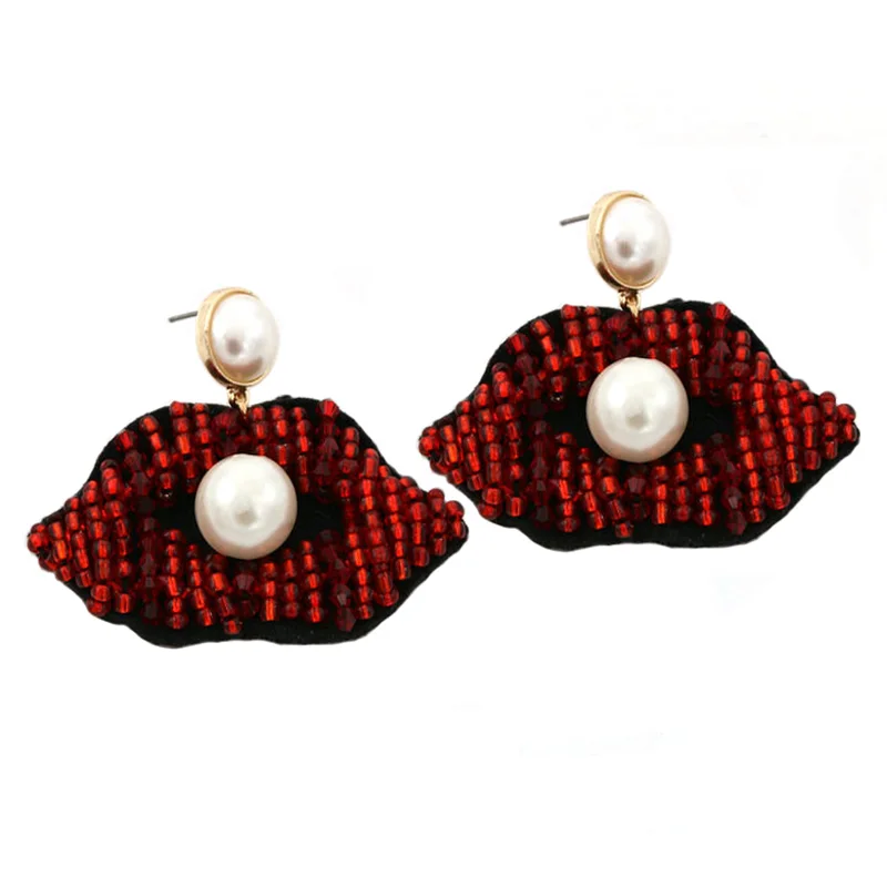 

Oorbellen For Women mouth Drop Earrings Red Beads Crystal Handmade Statement Earrings New Jewelry Woman Lips jewelry Bijoux Gift