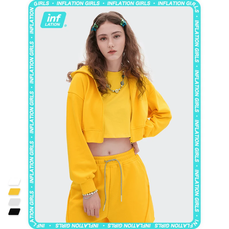 

INFLATION Cropped Hoodie Tracksuit Teens Girls 2021 Trending Zip Up Hoodie and High Waist Sweatpant Set Women 2 Pieces Outfits