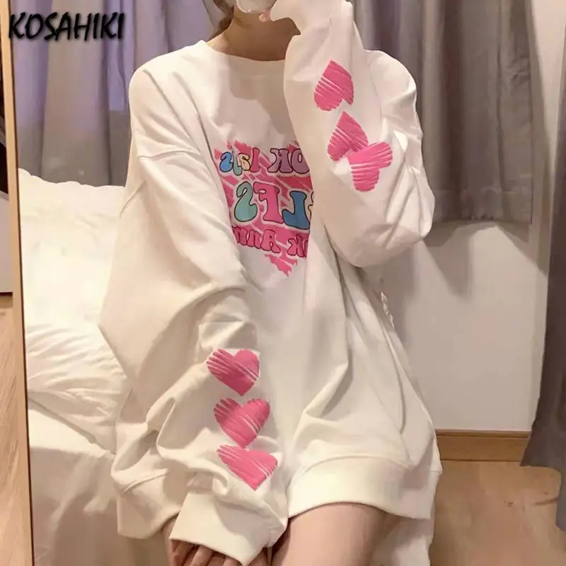 

KOSAHIKI Harajuku Loose Hoodies Women 2021 Autumn Japanese Streetwear Oversized Sweatshirt Long Sleeve White Top 2021
