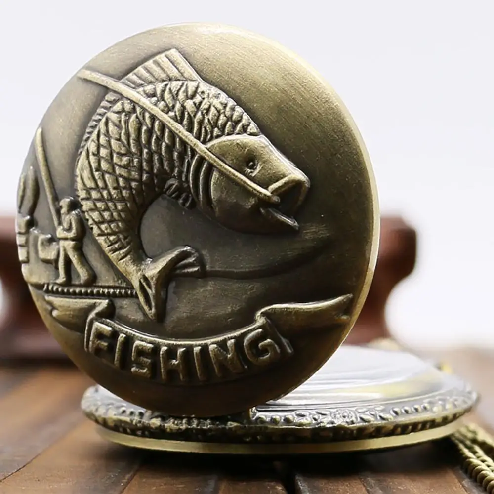 Мода Бронзовый старинные карманные часы ожерелье цепь кулон Рыбалка под старину