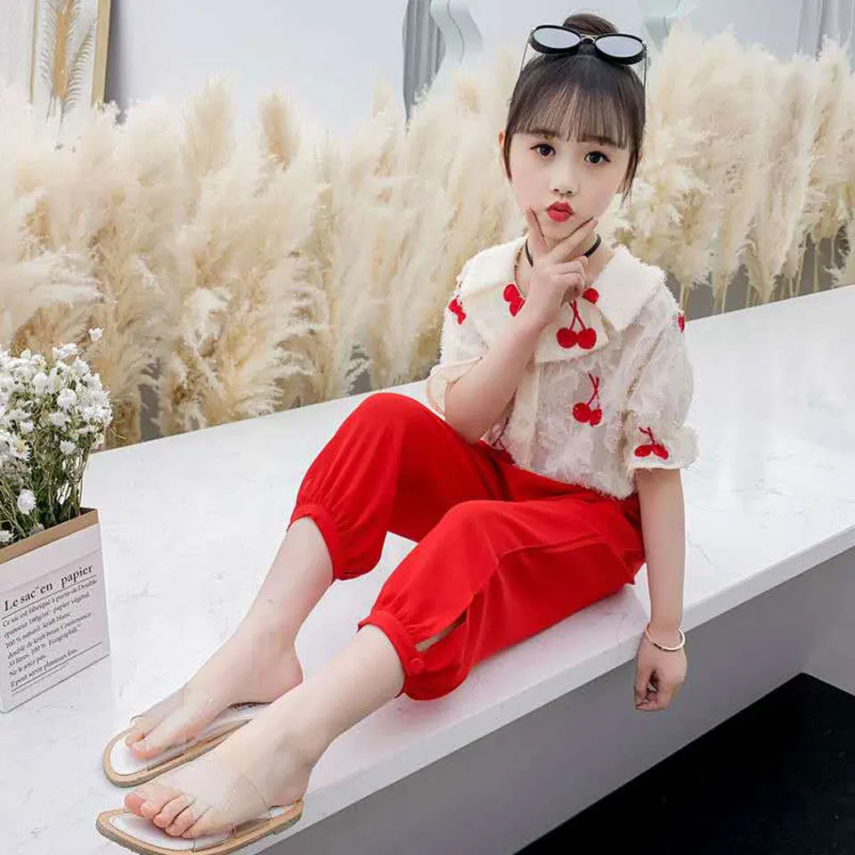 

New Summer Children T-shirt+Red Color Pants 2PCS/Set Kids Suit Fashion Casual Children Clothes Outfits For 3 4 6 8 10 12 Yrs