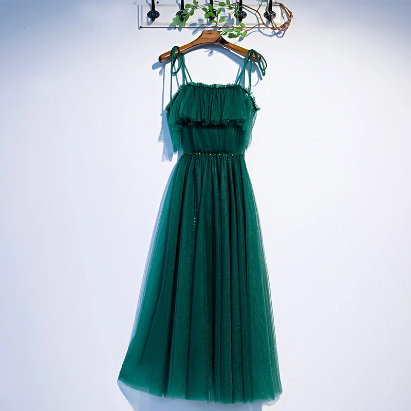 

Green Evening Dress Square Collar Simple Spaghetti Strap Sequins Empire A-Line Floor-Length Lace Up Party Formal Gown Woman B387