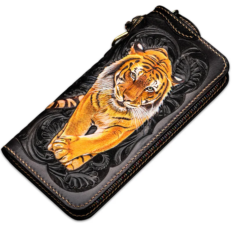 Мужской кошелек ручной работы с узором тигра длинный клатч на молнии кожаный