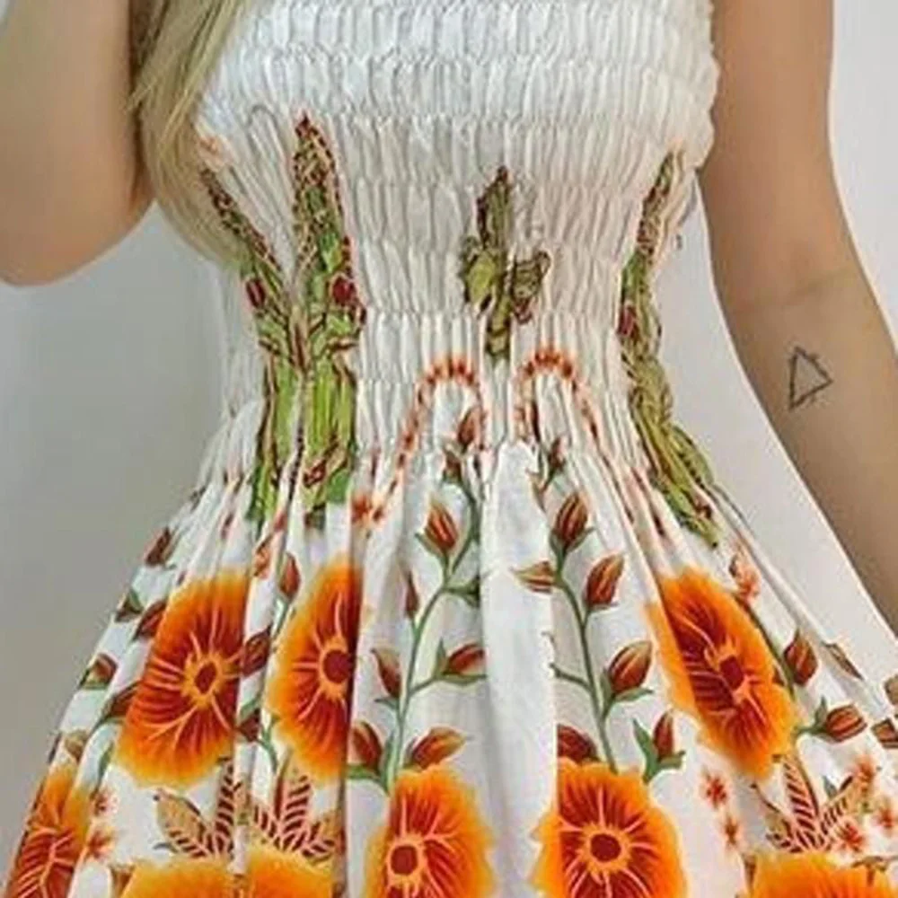 

New Women Vintage Strap Digital Print Hem Pleat A Line Mini Dress Lady Sleeveless Chic Vestido Dress Women Sundress