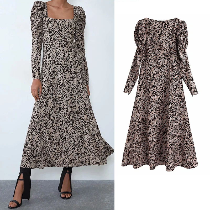 Женское платье za 2019 с животным леопардовым принтом Драпированное винтажное до