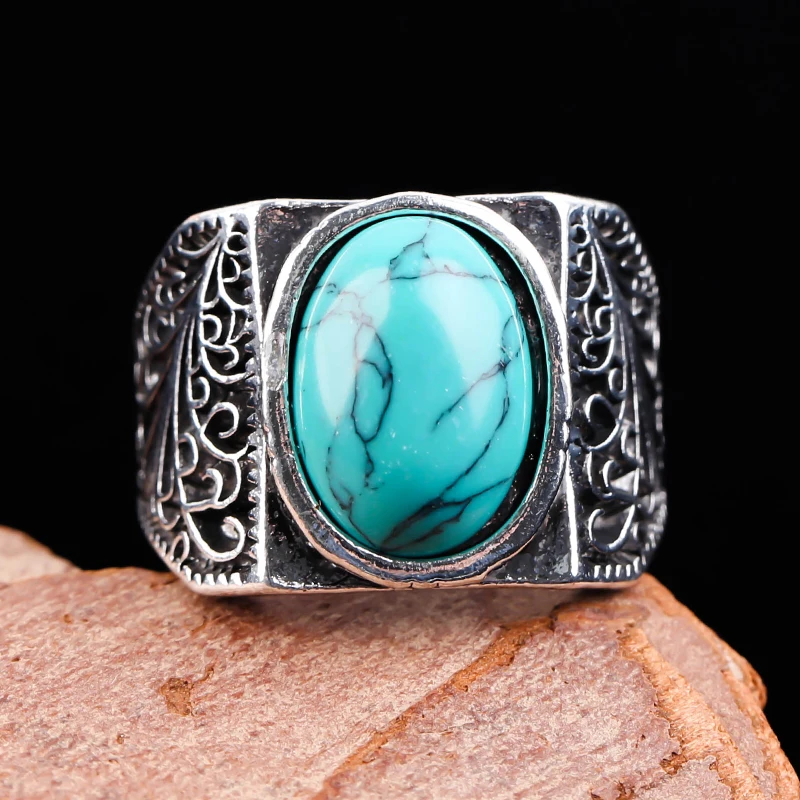 

Vintage Silver Color Oval Turquoises Ring Antique Hallow out Wave Rings For Women Gothic Party Anniversary Retro Jewelry Gift