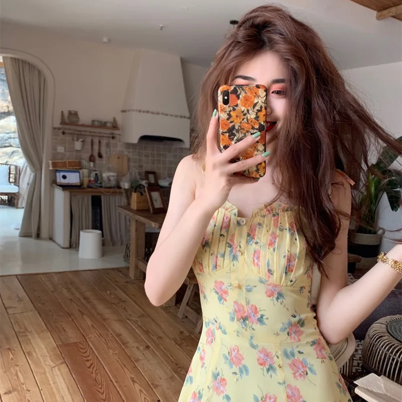 

French Minority Suspender Dress 2021spring New Fashionable Elegant Women's Floral Dress Fashionable Midi Dress