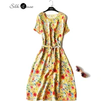 yellow ink flower mulberry silk womens fashion dress spring summer 2022 silk short sleeve large loose belt