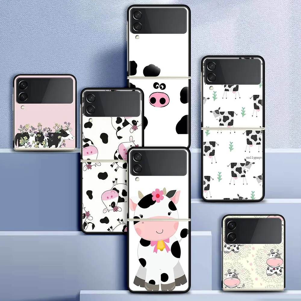 

Fold Case for Samsung Z Flip 3 Shell for Galaxy Z Flip3 Hard Capa For ZFlip 3 Silicone Phone Cover Cartoon Black And White Cow