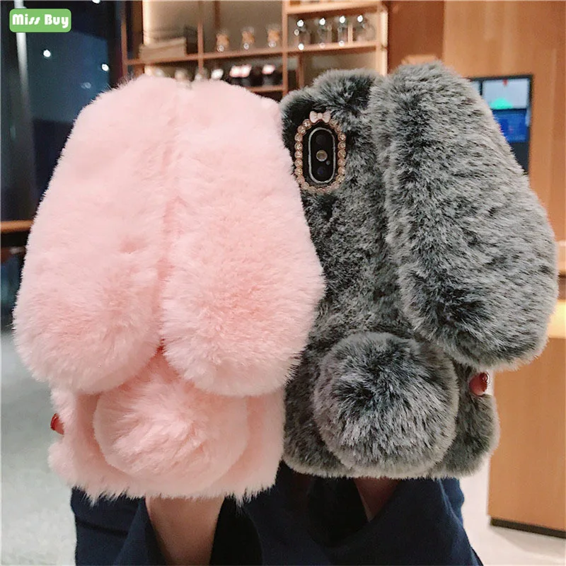 

3D Cute Rabbit Ears Fur Plush Phone Cases For Huawei P Smart 2020 Case Soft TPU Cover Protective Shell For Huawei P Smart 2021