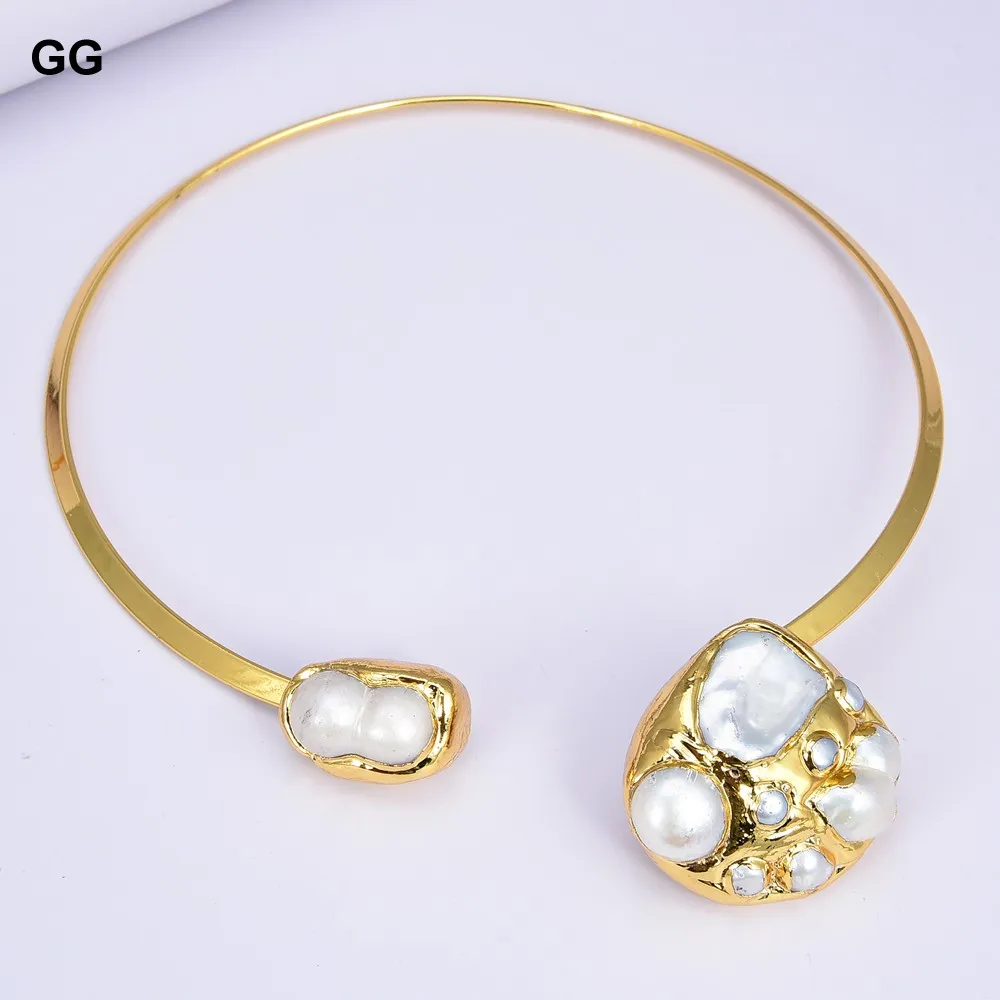 

GG Jewelry Natural White Keshi Pearl 24 K Yellow Gold Color Plated Choker Necklace