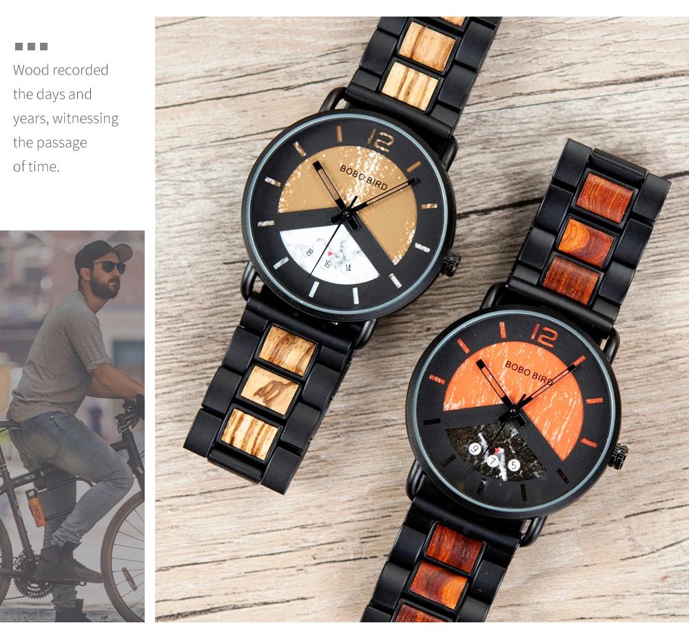 BOBO BIRD Wood relogio masculino, металлические часы, военные часы, цветной циферблат, стильный дисплей даты, erkek kol saati
