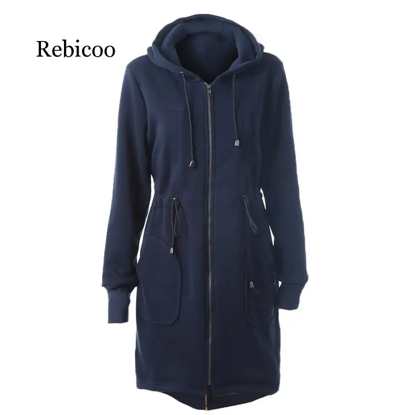 

2019 autumn and winter women's wool coat drawstring waist sweater zipper long sleeve pocket long coat women windbreaker trench c