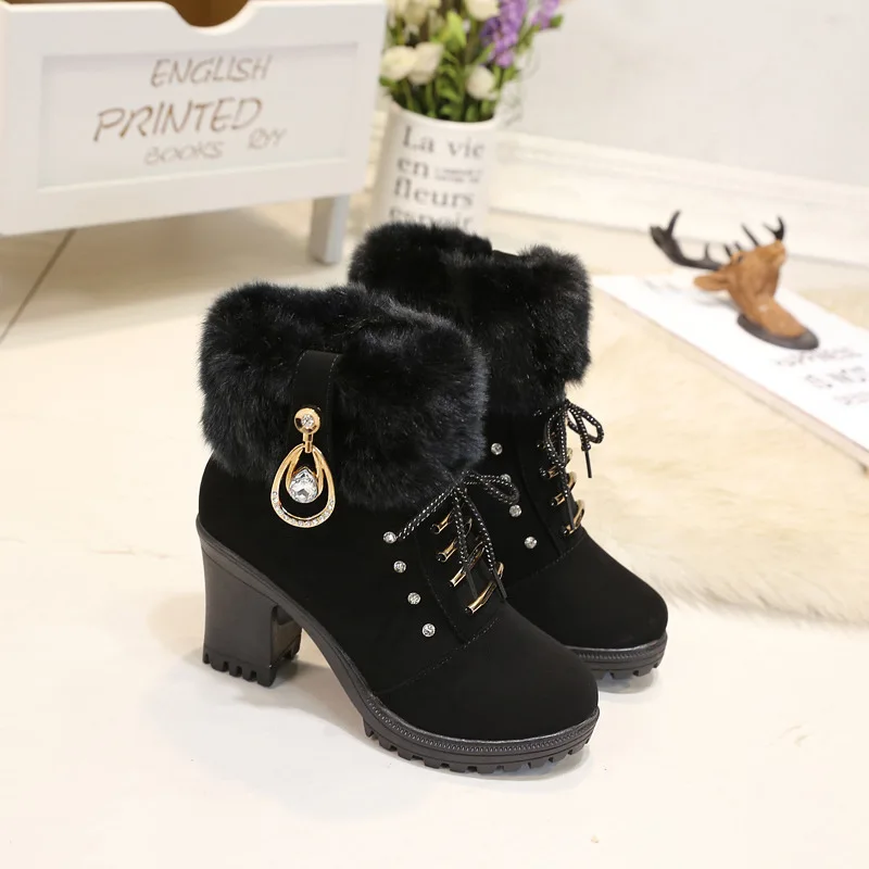 

Autumn And Winter 2020 New Plush Martin Boots Lace Up Anti Slip High Heel Round Head Mother's Shoes Women's Short Boots