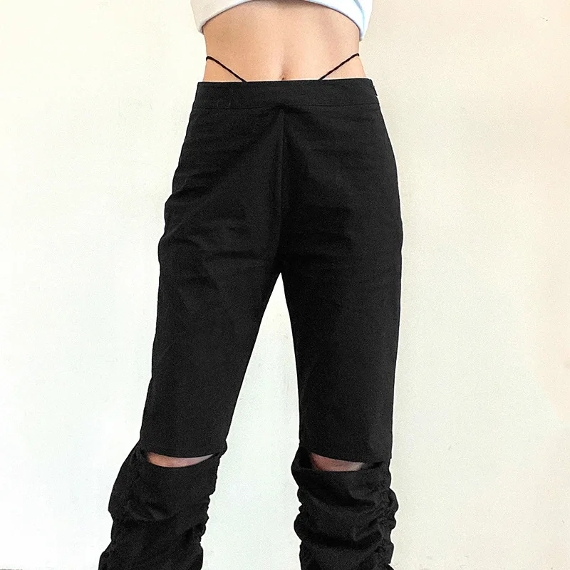

GothGotik Gothic Black Pleated Drawstring Hollow Out High Waist Casual Long Flare Pants Loose Bodycon Party Club Summer Clothing