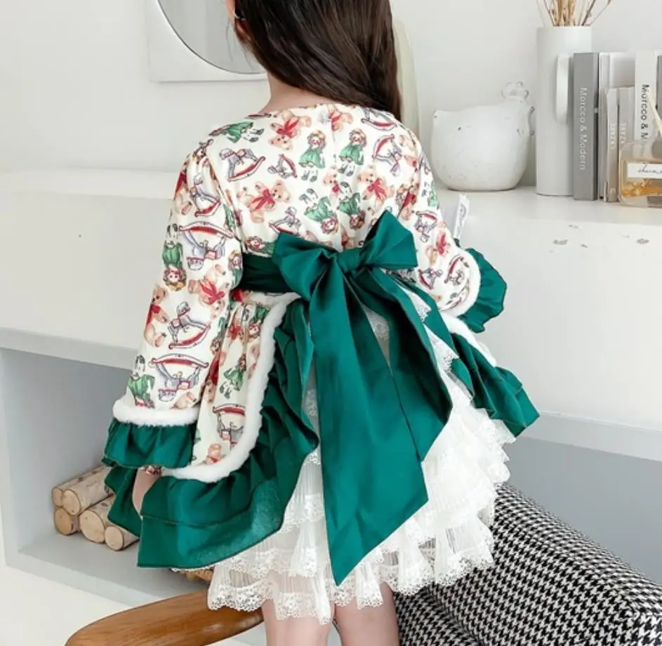 

Baby girl vintage Spanish lolita printed princess kids autumn winter velvet stitching ball gown dress