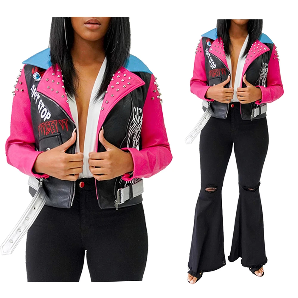 

Women's Rivet Printing Lapel Contrast Color Zipper PU Leather Fashionable Coat Long-sleeve Short Jacket