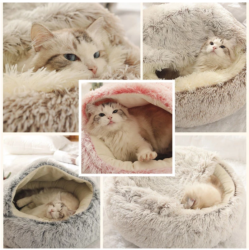 

New Style Pet Dog Cat Bed Round Plush Cat Warm Bed House Soft Long Plush Bed For Small Dogs For Cats Nest 2 In 1 Cat Animals Bed