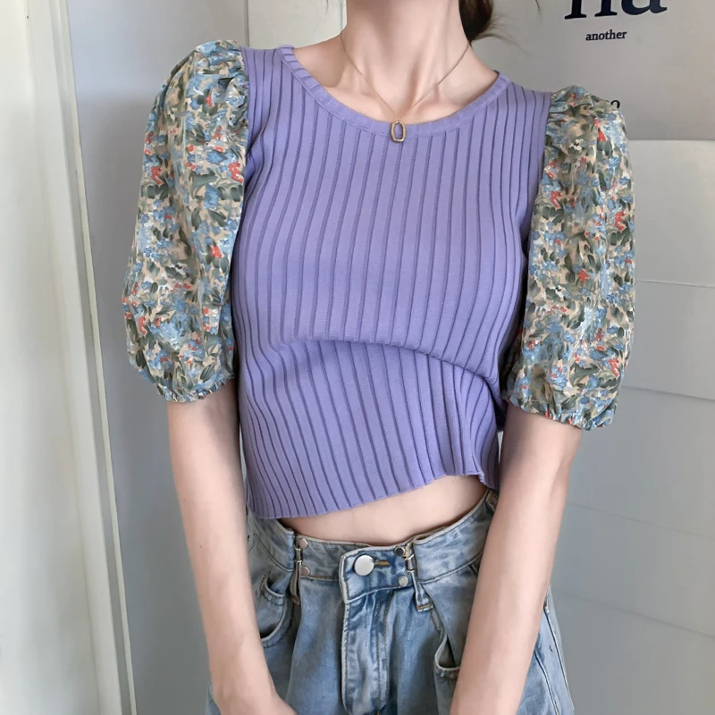 

Женский Короткий трикотажный топ с принтом и пышными рукавами, облегающий трикотажный винтажный топ с коротким рукавом, футболка в Корейск...