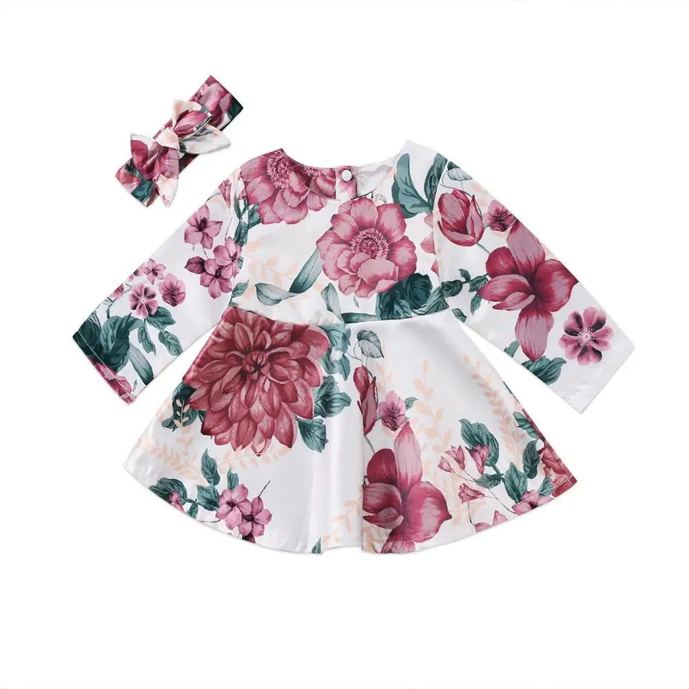 2Pcs Baby Girls Clothes Set Newborn Kid Baby Girls Floral Dress + Headband Outfits Autumn Spring Long Sleeve Outfits