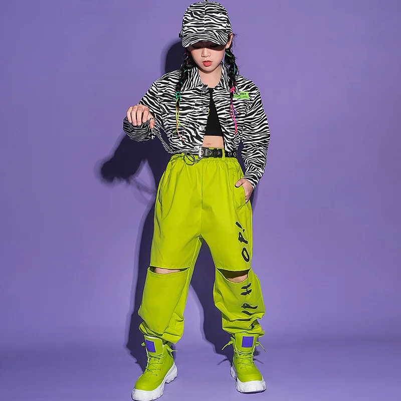 

Костюм для девочек для танцев в стиле хип-хоп, модные топы, зеленые или повседневные брюки, одежда в стиле хип-хоп, костюм для джаза, бальной комнаты, уличных танцев для детей