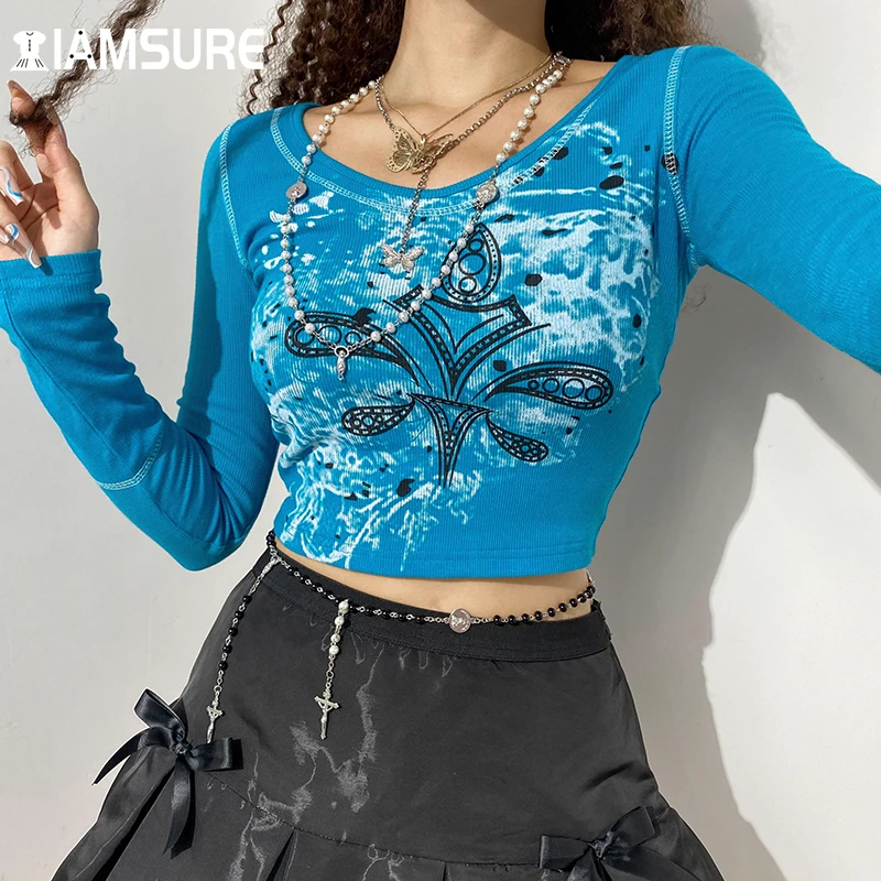 

IAMSURE Vintage Printed T Shirt Women 2021 Casual Basic Long Sleeve Tees Streetwear V-Neck Crop Tops Fashion Sweet Autumn Spring
