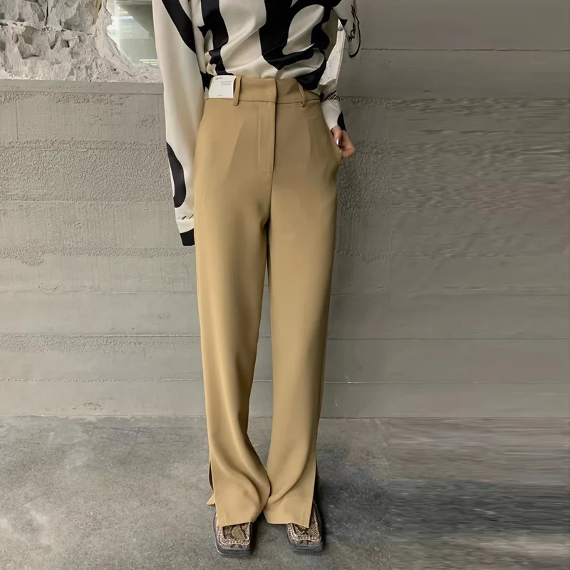 

[DEAT] High Elastic Waist Trousers New Loose Labeling Pants Women White Split Fork Zipper Fly Fashion Tide Summer 2021 7E1371