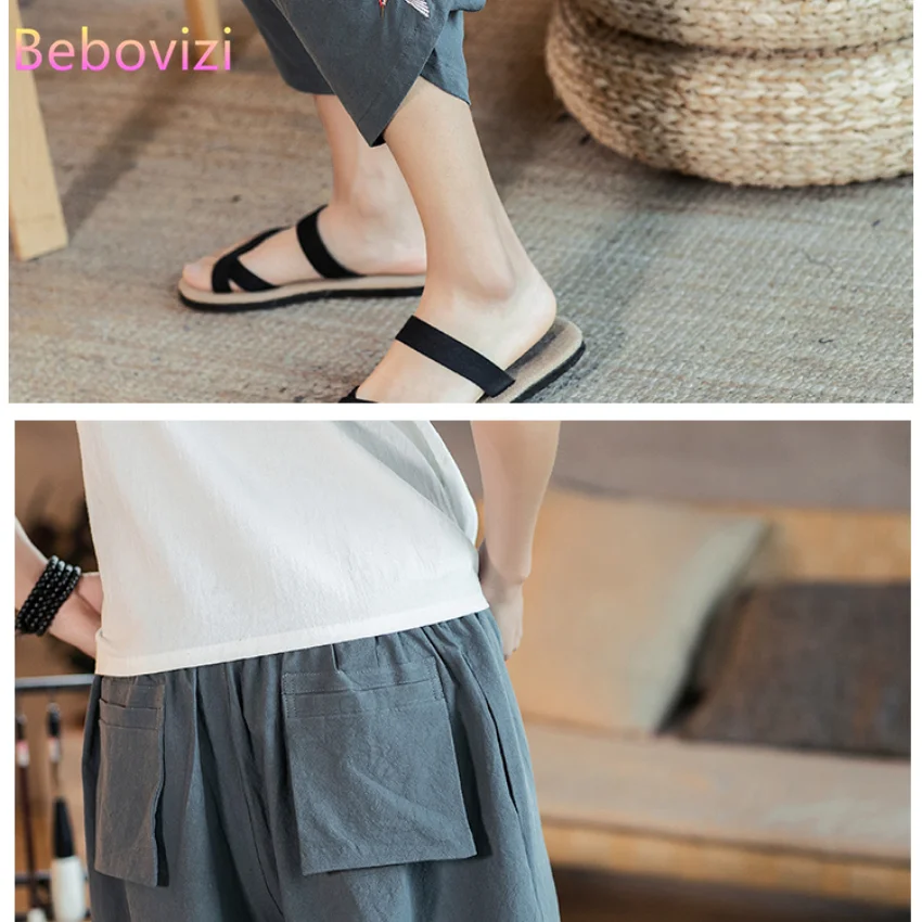 

Crane Embroidery Summer Kimono Pants Japanese Casual Loose Samurai Japan Men Yukata Harajuku Traditional Asian Thailand Bloomers