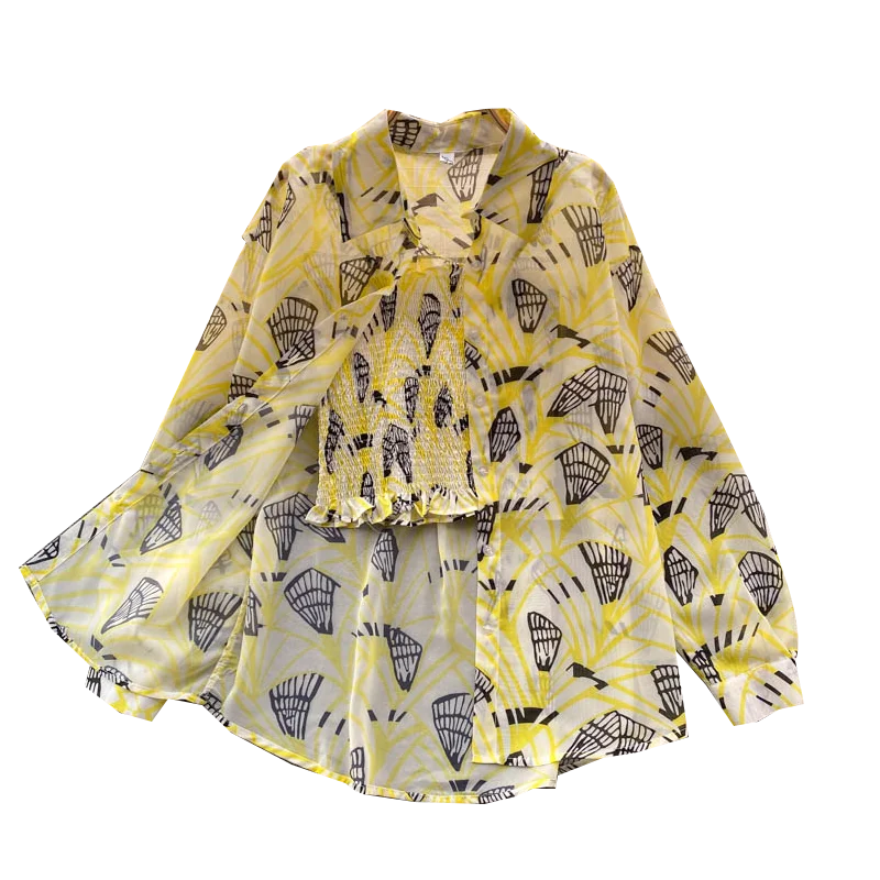 

Women Summer Design Print Holiday Set Casual Chiffon Sun Protection Shirt+Elastic Ruched Slim Strap Top Two Piece Suit