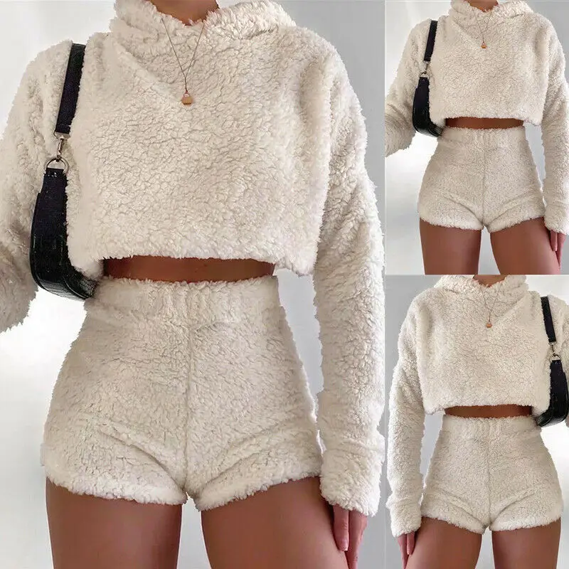 

Women's 2pcs Fleece Set Tracksuit Lounge Wear Teddy Bear Hooded Crop Tops Shorts