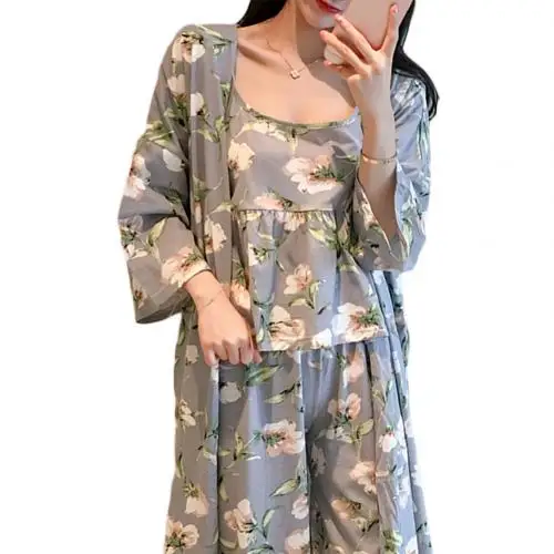 Orchid Комплект из 3 предметов, Пижама для отдыха, Женский цветочный принт, длинный рукав, кардиган, жилет, длинные штаны, комплект одежды для сна, мягкий халат, приятный для кожи - Цвет: Orchid