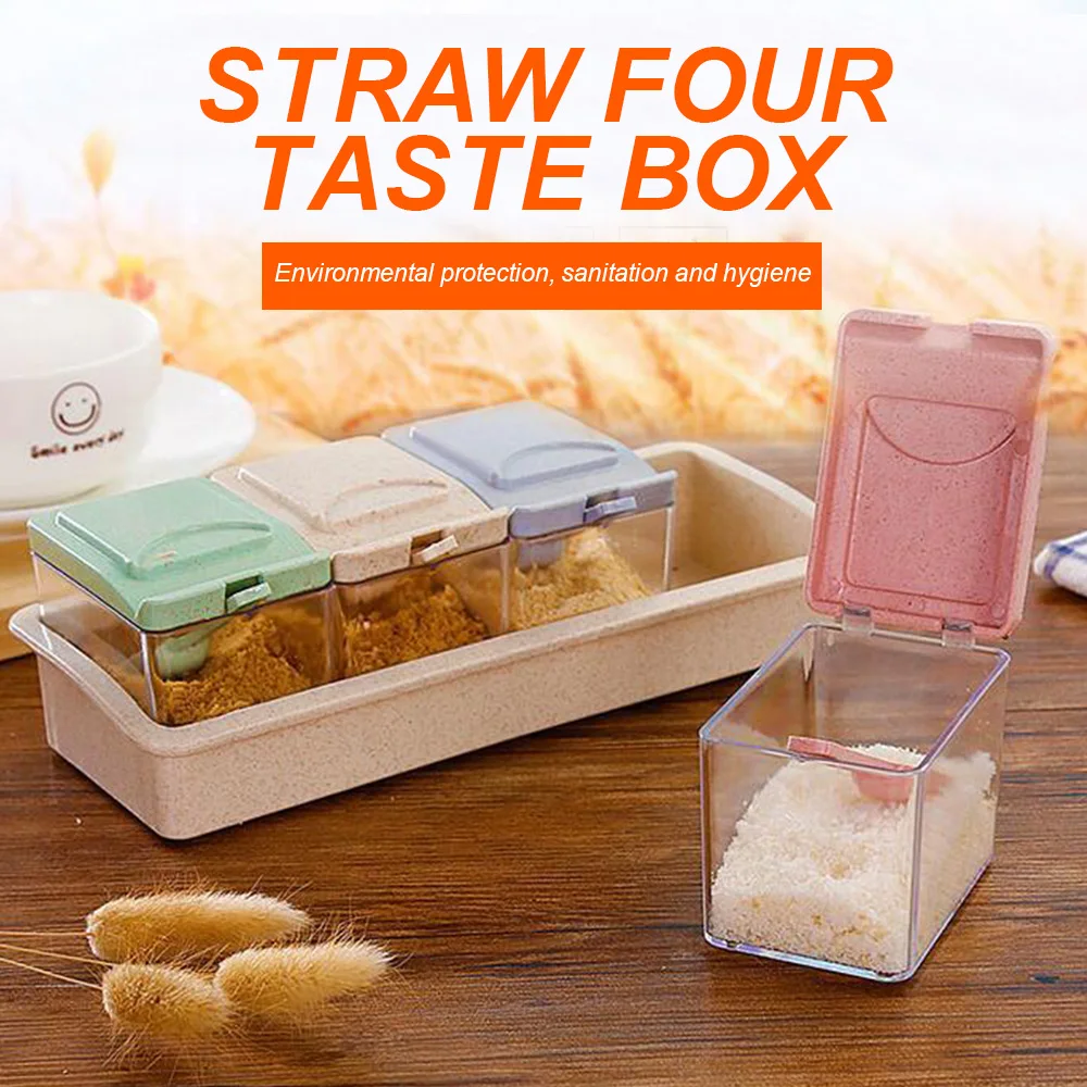 

Kitchen Seasoning Box Set Wheat Straw Seasoning Jar Set With Spoon Spice Box Condiment Sugar Salt Storage Organizer Storage Box