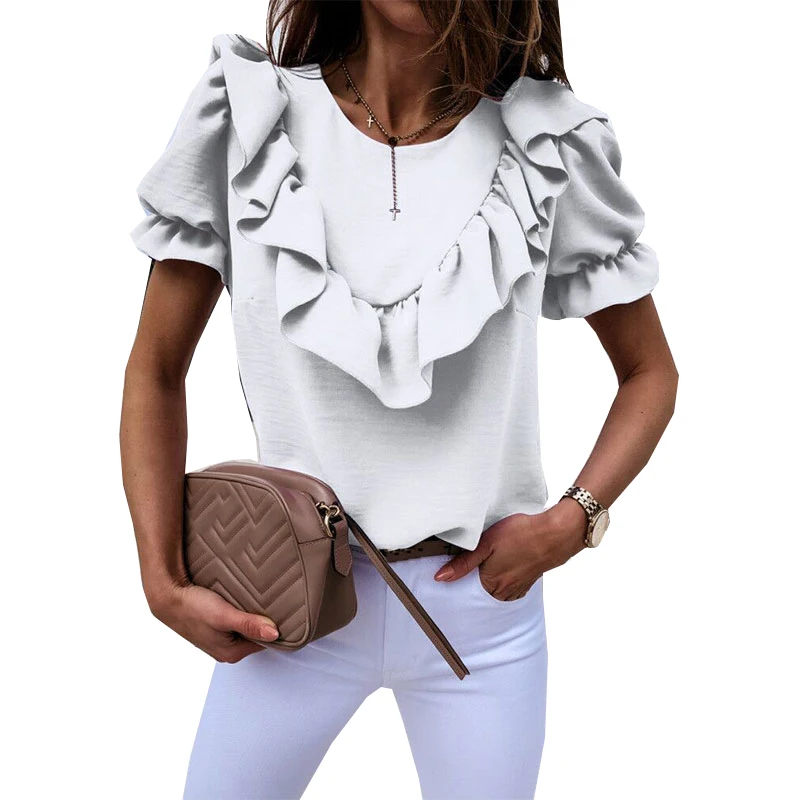 Рубашка с v-образным вырезом и коротким рукавом Элегантная блузка пышными
